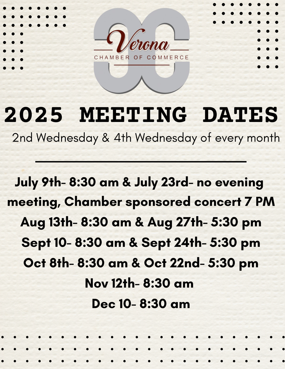 Verona Chamber Meeting dates 2025